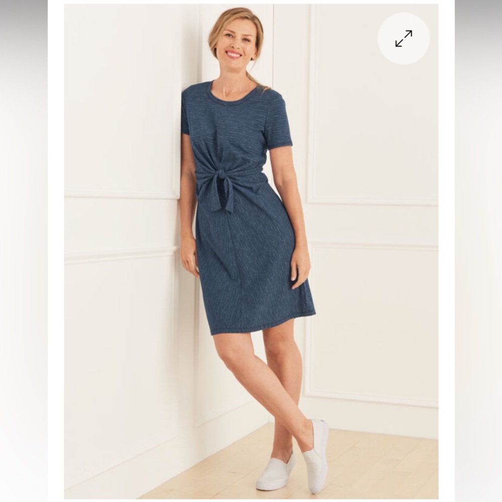TALBOTS Front Tie T-Shirt Dress Alameda Navy Stripe Cotton Blend Short Sleeve M